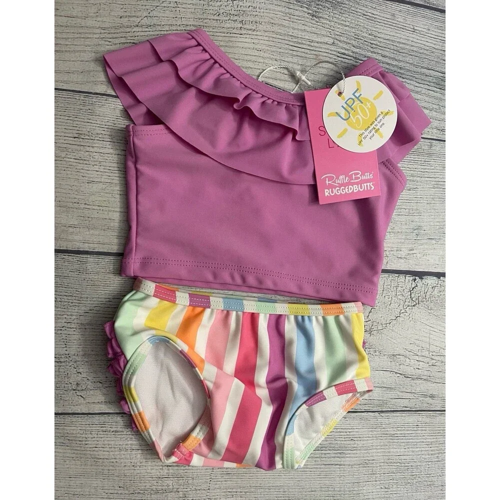 NEW! NWT Purple RuffleButts Baby Girl Two Piece Swimsuit, Size 3-6 months